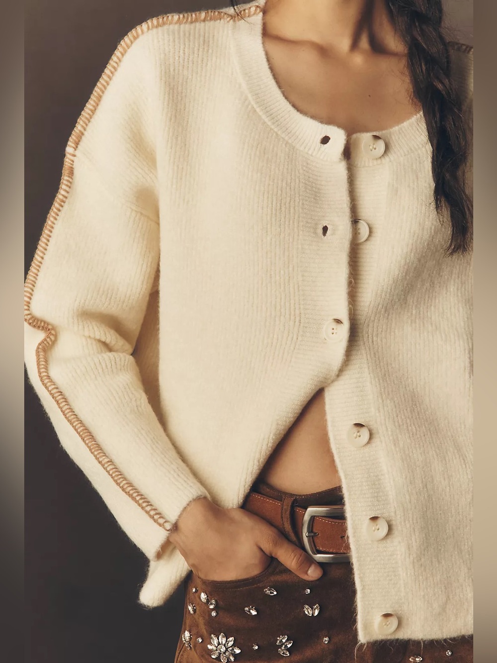 Anthropologie PILCRO WHIPSTITCH OVERSIZED CARDIGAN SWEATER Cream Button Front